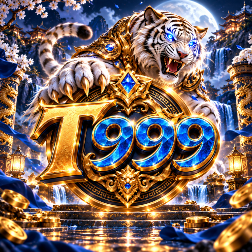Logo T999 bertema harimau putih dengan desain biru emas dan latar kuil fantasi untuk platform game Indonesia.