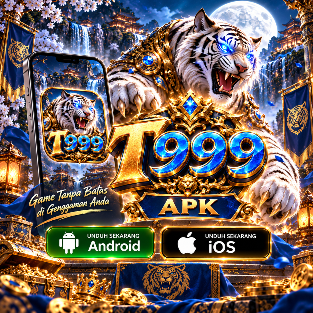 Poster T999 APK untuk Android dan iOS dengan tema harimau putih, desain biru emas, dan tampilan aplikasi T999.