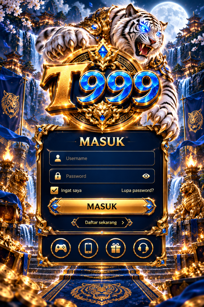Halaman T999 Masuk untuk akses akun dengan tema harimau putih, kolom username dan password, serta navigasi game mobile.